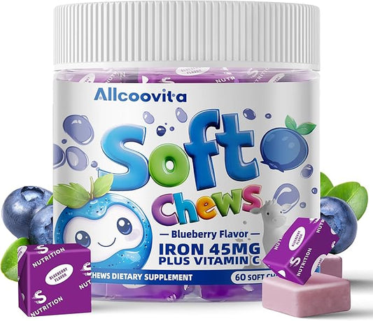 Iron Soft Chew Supplement with Vitamin C | Blueberry Flavored | Gluten Free | Iron Supplement for Women Men and Kids | 60 Count | 2 Month Supply