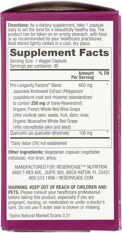 Reserveage Beauty Resveratrol 250 mg - Best Trans-Resveratrol - Vegan Antioxidant Supplement for Cellular & Heart Health - Aids Healthy Aging & Immune Health - 30 Vegetable Capsules (30 Servings)