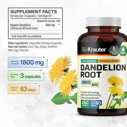 BIO KRAUTER Dandelion Root Supplement - 1800 mg Strength - 250 Count - Dandelion Root Capsules - Vegan Capsules for Liver Support & Immunity