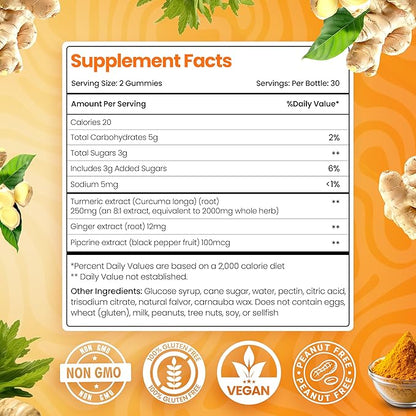 Curcumin Turmeric Gummies – Extra Strength 2000mg 8:1 Extract Turmeric Supplement Gummies with Black Pepper & Ginger – Vegan Non-GMO Joint Support Chewables – Peach Flavor - Pack of 2