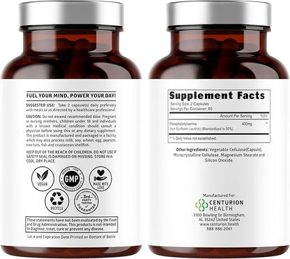 Number One Nutrition Premium Phosphatidylserine 400mg, Derived from Sunflower Lecithin to Help Support Memory, Focus & Cognition Naturally, Soy Free, 120 Veg Caps