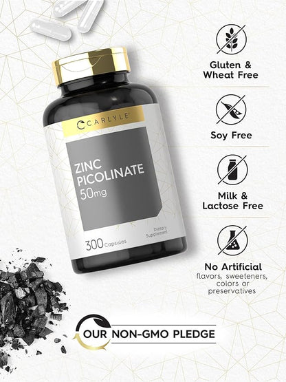 Carlyle Zinc Picolinate 50mg | 300 Capsules | Non-GMO and Gluten Free Supplement