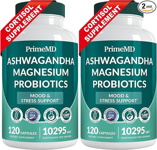 5-in-1 Cortisol Supplement with Ashwagandha for Mood, Stress, Relaxation, Adrenal and Cortisol Support - Herbal Supplements with Shilajit Extract, Magnesium Glycinate, Probiotics (120 ct, Pack of 2)