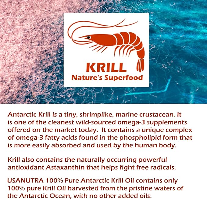 Antarctic Krill Oil Softgels 100% Pure with Omega-3 EPA DHA Astaxanthin 1000mg per Day (2 Softgels). Made in The USA