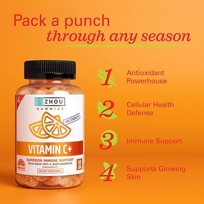 Zhou Nutrition Vitamin C+ Immune Support Gummies Max Strength with Rose Hips & Bioflavonoids, Non-GMO, Vegan, Gluten Free, Orange Blast Flavor, 60 Count