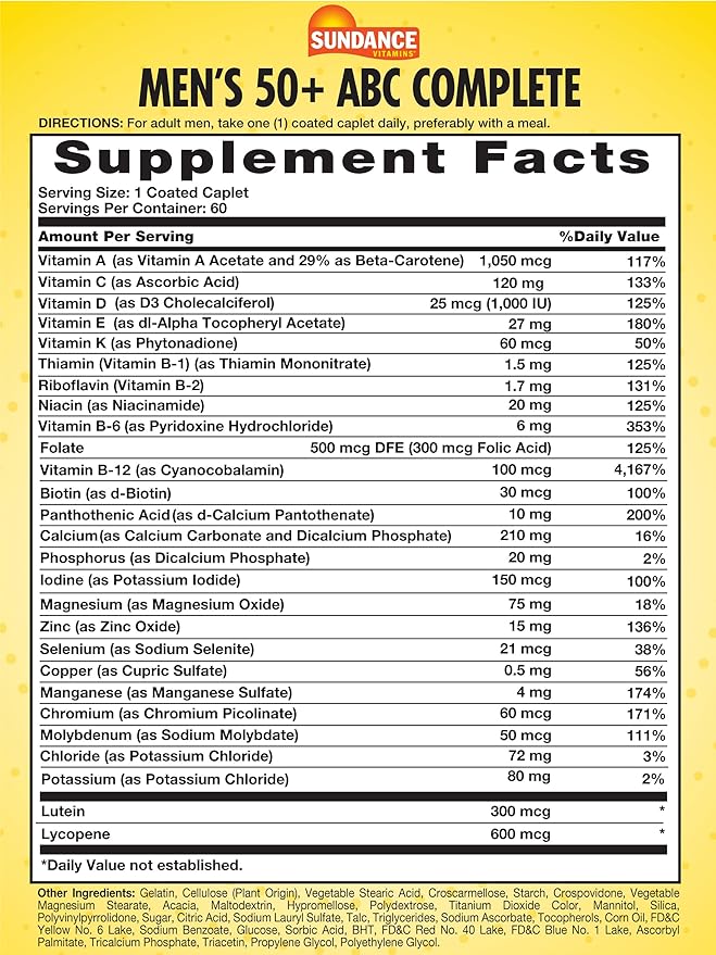 Sundance Men's 50+ ABC Complete Multivitamin | 60 Caplets | with Multimineral Formula | Non-GMO and Gluten Free Supplement