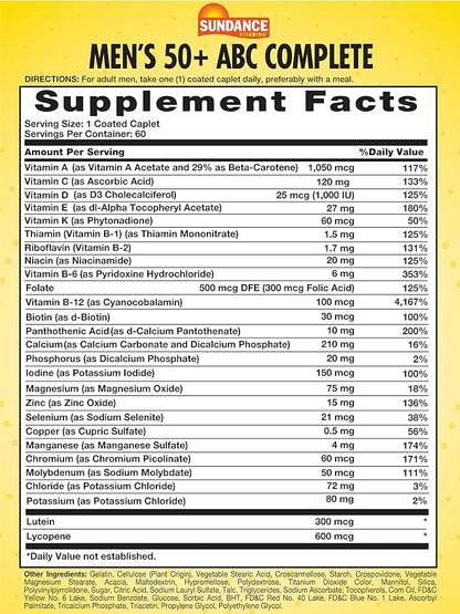 Sundance Men's 50+ ABC Complete Multivitamin | 60 Caplets | with Multimineral Formula | Non-GMO and Gluten Free Supplement
