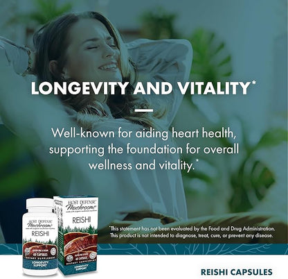 Host Defense Reishi Capsules - Heart & Immune Health Support Supplement - Mushroom Supplement to Support Energy & Vitality - Reishi Supplement to Aid Overall Well-Being - 60 Capsules (30 Servings)*