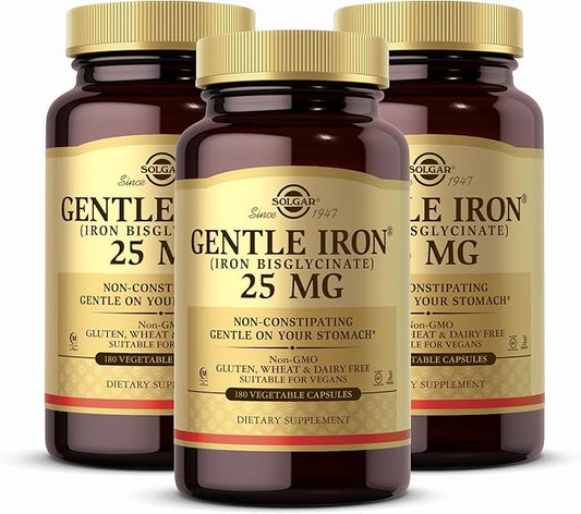 Solgar Gentle Iron (Iron Bisglycinate) 25 mg - 180 Vegetable Capsules, Pack of 3 - Non-Constipating, Gentle on Your Stomach - Non-GMO, Gluten Free - 540 Total Servings