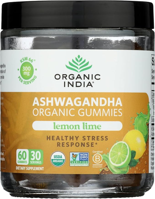 ORGANIC INDIA Ashwagandha Gummies for Men & Women - Stress Supplement, KSM-66 Ashwagandha Root, Extra Strength, Calm Chews, Vegan, Non-GMO - Lemon Lime, 60 Gummies