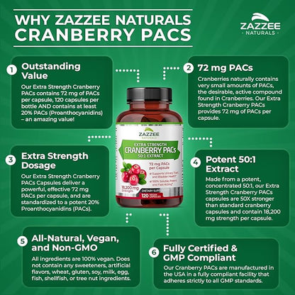 Zazzee Cranberry PACs, 72 mg PACs per Capsule, 2X Strength, 100% Soluble, 120 Vegan Capsules, 50:1 Extract, 18,200 mg Strength, Fast-Acting, Effective Urinary Tract UTI Support, Made in The USA