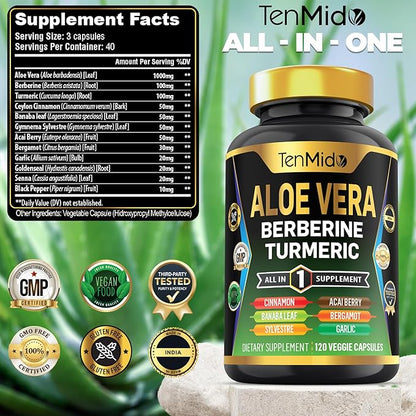 Aloe Vera Capsules Supplement - 12in1 Formula - Combine with Berberine, Turmeric, Ceylon Cinnamon, Banaba Leaf, Gymnema Sylvestre, Acai Berry, Bergamot, Garlic, and More - 120 Capsules