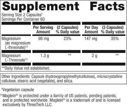 Metagenics Magnesium L-Threonate - 147 mg Magnesium as L-Threonate - Magtein Magnesium - for Brain Health* - Mineral Supplement - Non-GMO & Gluten-Free - 120 Capsules