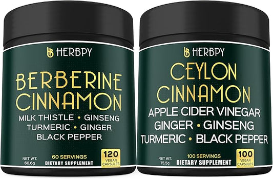 Bundle 7in1 16100mg Berberine HCl & 6in1 7550mg Premium Ceylon Cinnamon Supplements - Support Daily Activities, Body Balance, Immune & Digestion
