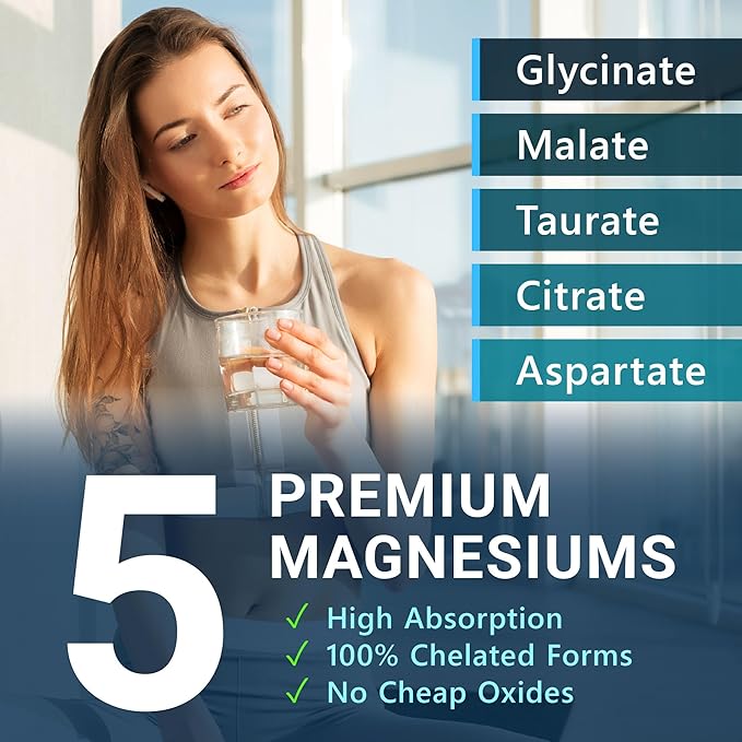 Magnesium 5 Complex - Chelated Magnesium Glycinate, Malate, Citrate, Taurate, & Aspartate for Nerves, Muscles, Bones - 2 Pack