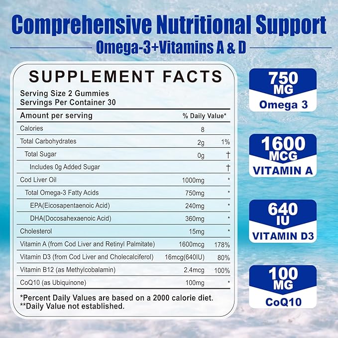 Cod Liver Oil 1000mg Gummies for Adults & Kids, with Vitamin A & D3 - Omega 3 Fish Oil Alternative - DHA 360mg & EPA 240mg for Brain, Bone, Eye & Immune Health, Sugar Free, 120 Cts