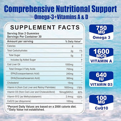 Cod Liver Oil 1000mg Gummies for Adults & Kids, with Vitamin A & D3 - Omega 3 Fish Oil Alternative - DHA 360mg & EPA 240mg for Brain, Bone, Eye & Immune Health, Sugar Free, 120 Cts