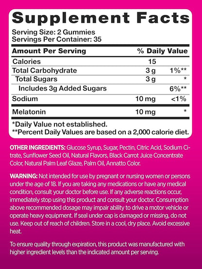 PINK Melatonin Gummies for Adults | 10mg | Max Potency | Mixed Berry Flavor | Vegan, Non-GMO & Gluten Free Supplement
