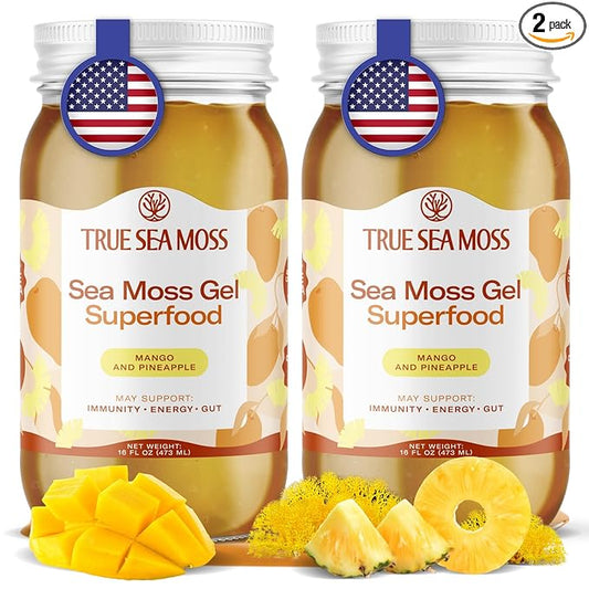 TrueSeaMoss Sea Moss Gel – Made in USA – Wildcrafted Seamoss, Fresh Fruits & Sea Vegetables – Mango/Pineapple, Pack of 2 (Labels may Vary)