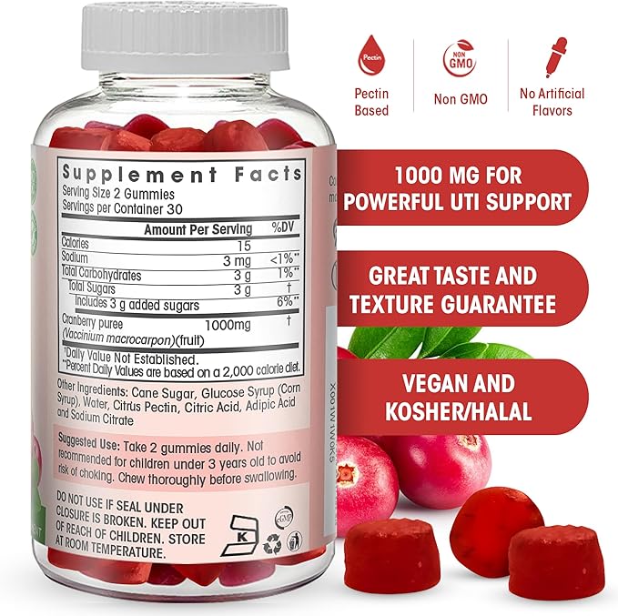 Cranberry Gummies 1000 mg - Cranberry Supplement Alternative to Cranberry Pills or Juice for Women, Men, Kids. Cranberry for Urinary Tract Health, UTI Relief- Vegan, Halal, Kosher Chews- 60 Gummies