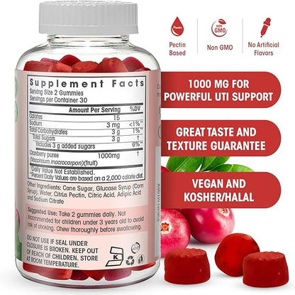 Cranberry Gummies 1000 mg - Cranberry Supplement Alternative to Cranberry Pills or Juice for Women, Men, Kids. Cranberry for Urinary Tract Health, UTI Relief- Vegan, Halal, Kosher Chews- 60 Gummies