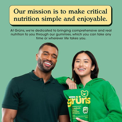 Gruns Adult Super Greens Gummies - Superfood Gummy Bears with Spirulina, Chlorella & Prebiotics for Digestive Health - Adaptogens Supplement with 20 Vitamins & Minerals, Low Sugar- 2-Week Supply