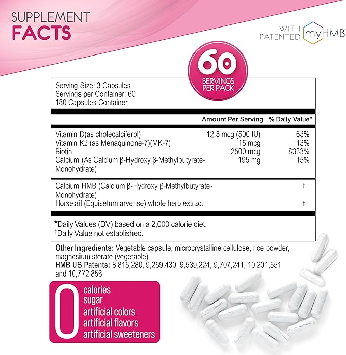 HMB Supplements for Women - Collagen Enhancer Capsules - Anti-Aging for 40 + - Lean Muscle Builder - Biotin, Vitamin D3 K2 Supplement for Youthful Skin, Joint, Bones - 60 Servings