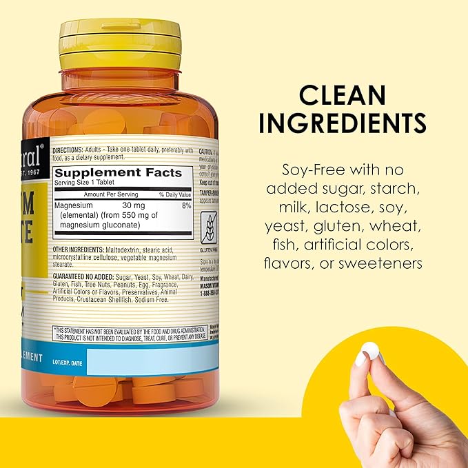 Mason Natural Magnesium Gluconate 550 mg, 100 Day Supply for Normal Healthy Heart and Nervous System Support