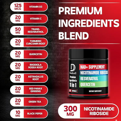 11in1 NAD+ Supplement with Nicotinamide Riboside, Quercetin, Resveratrol and 8 More - 2 Month Supply