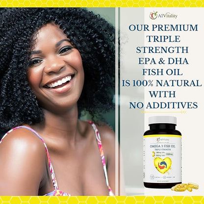 Omega 3 Triple Strength EPA DHA Supplement - 2500mg Lemon Flavored Burpless Fish Oil - High Potency 900mg EPA 600mg DHA Supports Circulation, Brain, Heart, Eye, Skin, Bone & Joints - 120 Softgels