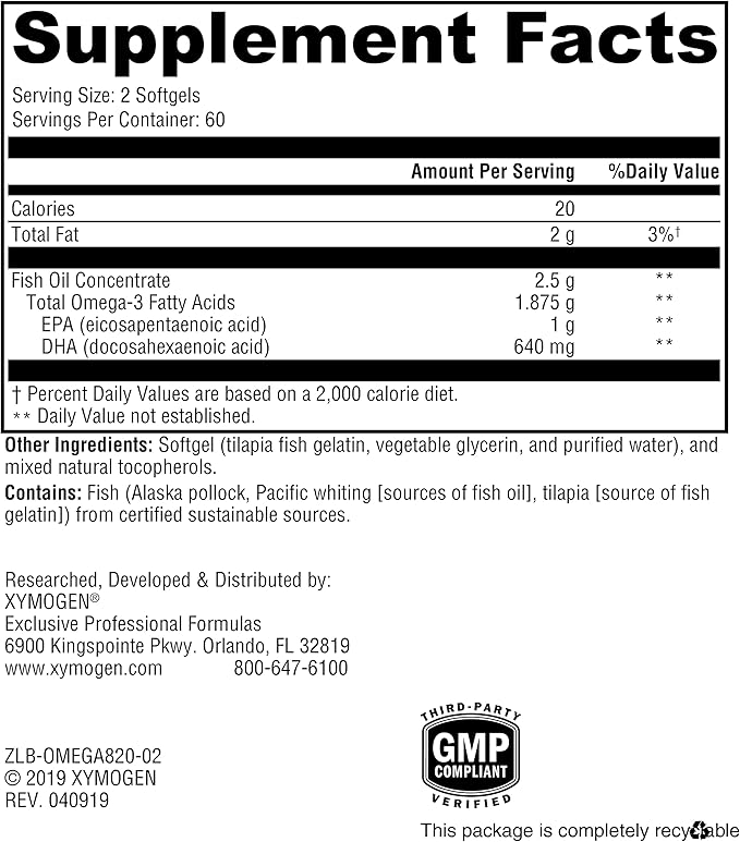 XYMOGEN OmegaPure 820 - International Fish Oil Standards (IFOS) Five-Star Certified Fish Oil - DHA EPA Omega-3 Supplement for Cardiovascular + Cognitive Support (120 Small Softgels)