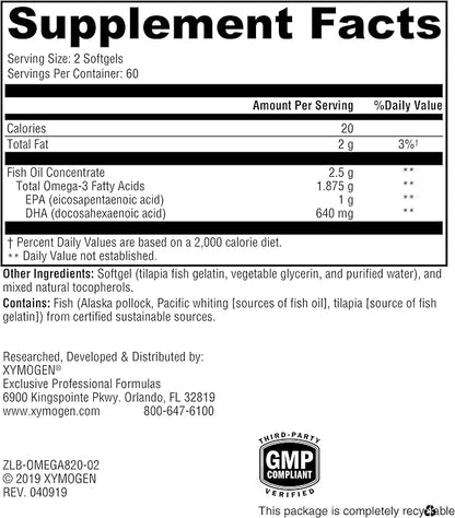XYMOGEN OmegaPure 820 - International Fish Oil Standards (IFOS) Five-Star Certified Fish Oil - DHA EPA Omega-3 Supplement for Cardiovascular + Cognitive Support (120 Small Softgels)