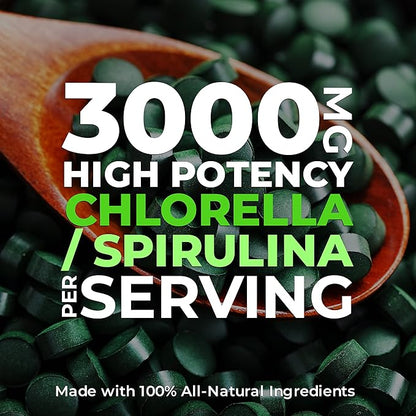 Premium Organic CHLORELLA /SPIRULINA 1000 Tablets (50/50) Kosher, Vegan - Green Algae Superfood, Cracked Cell Wall, Chlorophyll, High in Protein & Iron, no additives, or fillers 8.75 Oz (2 Pack)