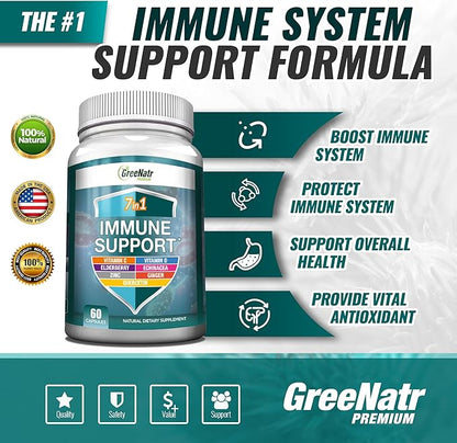 7 in 1 Immune Support Supplement with Vitamin C, Vitamin D3, Zinc 50mg, Quercetin, Echinacea Purpurea, Sambucus Elderberry and Ginger for Complete Immune Defense - 60 Capsules (12 Bottles)