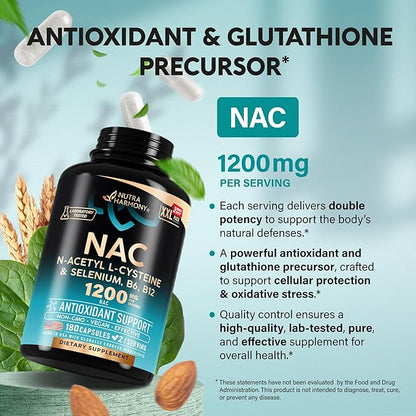 NAC Supplement | Selenium | B6 | B12 - Antioxidant, Immune Support - N Acetyl Cysteine 600 mg per Capsule, 1200 mg per Serving - Made in USA - Non-GMO, Gluten-Free, Vegan - 180 Caps, 3 Month Supply