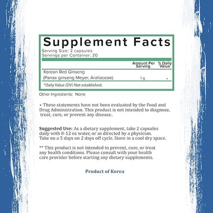 Holistic Bin Korean Red Ginseng Capsules Pure Panax Ginseng Supplement | Vegan, Gluten Free, Non GMO, No Fillers | Rich in Ginsenosides (40 Capsules)