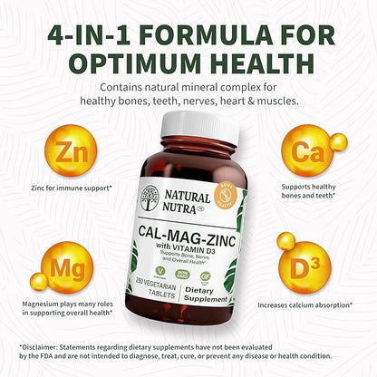 Natural Nutra 250 Count, Calcium Magnesium Zinc Supplement with Vitamin D3 for Bone Strength, Nerve Health, Helps Improve Better Vibe, Gluten Free and Sugar-Free, Essential Mineral Complex