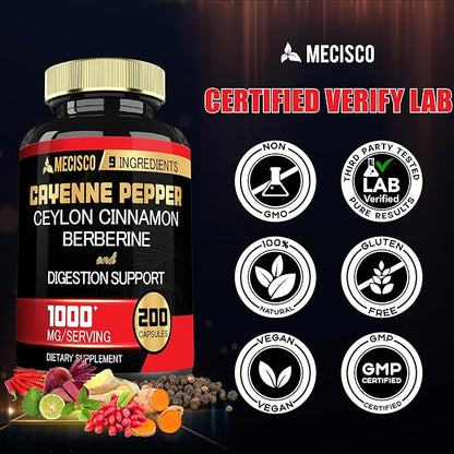 Cayenne Pepper Capsules with Turmeric Curcumin Root, Berberine HCl, Ceylon Cinnamon Bark & More - 200 Capsules - Support Digestion Health, Immune System & Body Balance