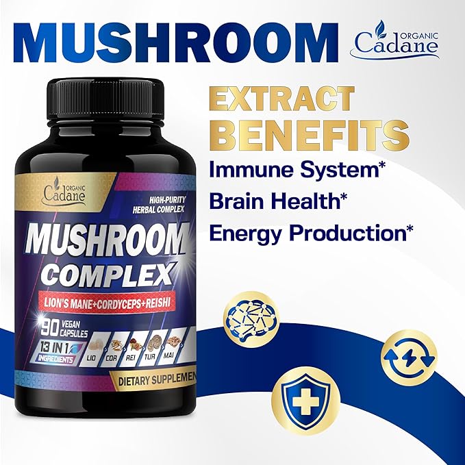 Organic Cadane Mushroom Complex Supplements - Brain Health, Immune System, Memory & Energy Production - 13in1 with Lions Mane Mushroom, Bacopa, Reishi & More - 90 Vegan Capsules