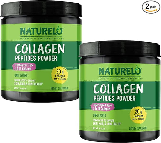 NATURELO Collagen Peptide Powder, Hydrolyzed Collagen Type I & III, Skin Hair & Joint Health - Unflavored, 16 Ounces (Pack of 2) | 90 Servings