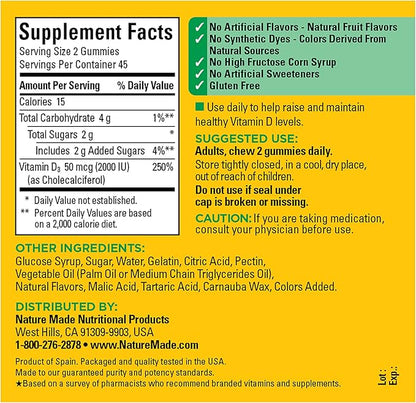 Nature Made Vitamin D3 2000 IU (50 mcg) per serving, Dietary Supplement for Bone, Teeth, Muscle and Immune Health Support, 90 Gummies, 45 Day Supply