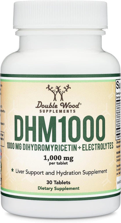 DHM1000 Dihydromyricetin (DHM) Tablets - Most Powerful DHM Supplement on The Market - 1,000mg (30 Count) Enhanced with Electrolytes for Hydration and Liver Support by Double Wood