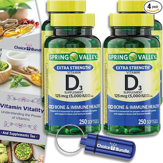 Spring Valley Vitamin D3 Softgels 125 mcg per Soft Gel 5,000 IU 250 Ct 4 pk (1000 Total) + Vitamin Guide & Pill Container (6 Items)!