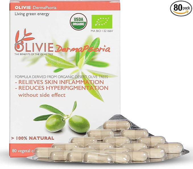 Organic Olive Leaf Extract Supplement for Women and Men by OLIVIE | DermaPsoria Supplement for Psoriasis, Eczema, Hyperpigmentation | Olive Oil Capsules | Antioxidant Polyphenols | 80 Vegetal Capsules