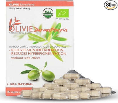 Organic Olive Leaf Extract Supplement for Women and Men by OLIVIE | DermaPsoria Supplement for Psoriasis, Eczema, Hyperpigmentation | Olive Oil Capsules | Antioxidant Polyphenols | 80 Vegetal Capsules