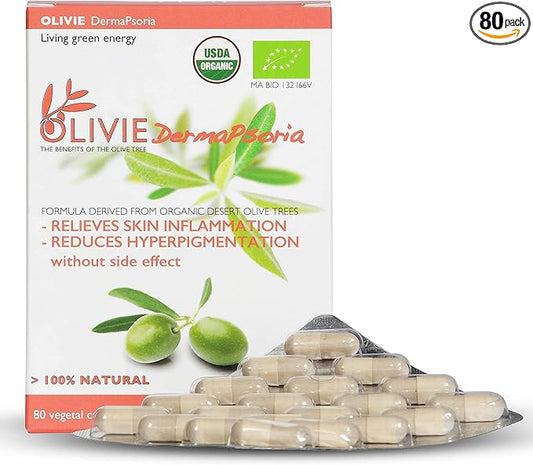 Organic Olive Leaf Extract Supplement for Women and Men by OLIVIE | DermaPsoria Supplement for Psoriasis, Eczema, Hyperpigmentation | Olive Oil Capsules | Antioxidant Polyphenols | 80 Vegetal Capsules