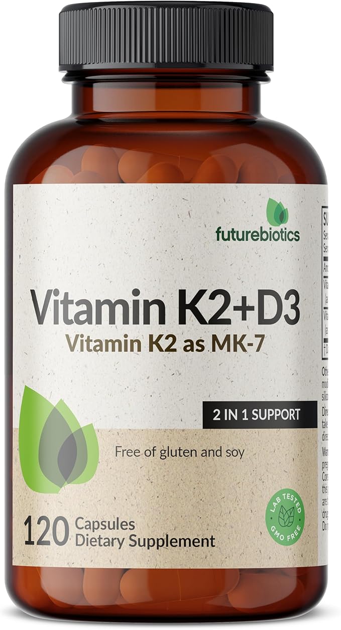 Futurebiotics Vitamin K2 (MK7) with D3 Supplement - Non-GMO Formula - 5000 IU Vitamin D3 & 90 mcg Vitamin K2 MK-7, 120 Vegetarian Capsules
