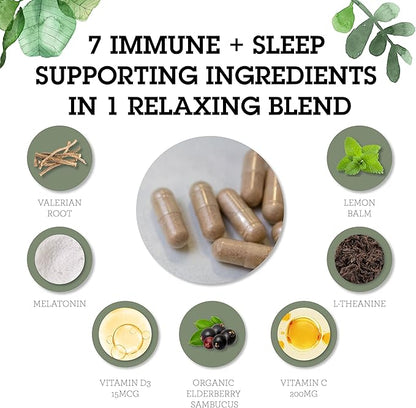 Quantum Health Sleep Immune Melatonin 5mg Support Supplement L Theanine Valerian Root + Elderberry Vitamin C & D Immunity Boost Daily Whole Body Wellness for Women & Men - 30 Capsules