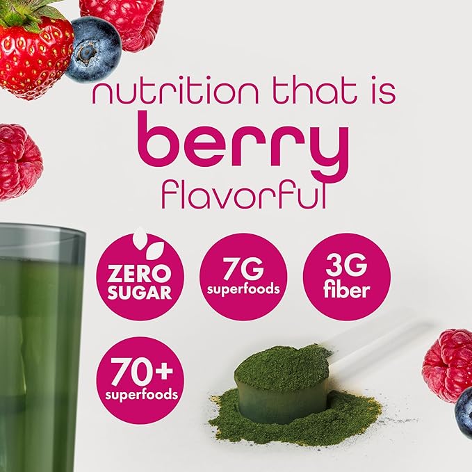 Organic Super Greens Powder, 70+ Superfoods, 0 Sugar, 3G Fiber, Spirulina, Chlorella, Antioxidants, Prebiotics/Probiotics, Digestive Enzymes, Mixed Berry, 30 Servings