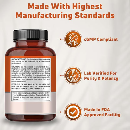 Omega 3 Fish Oil 2000mg. Fish Oil Omega 3 Supplements to Support Heart Health, Brain Functions and Cardiovascular System - Non-GMO, Gluten-Free & Keto-Friendly - 60 Servings, 120 Softgels